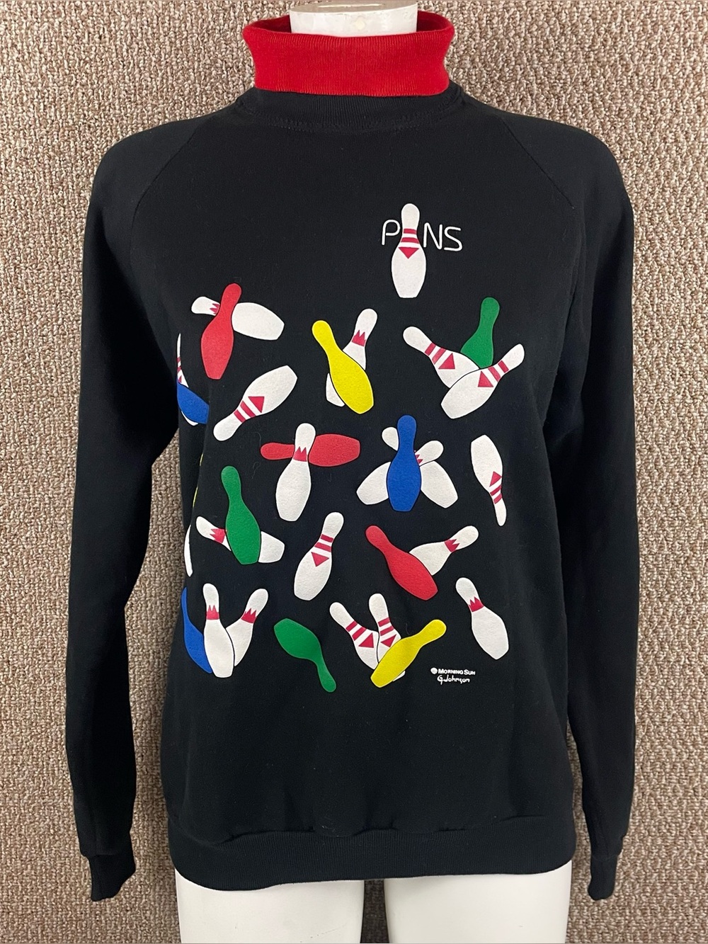 Vintage Bowling Sweatshirt Large Puff Paint Print Turtleneck 90s USA Made 151